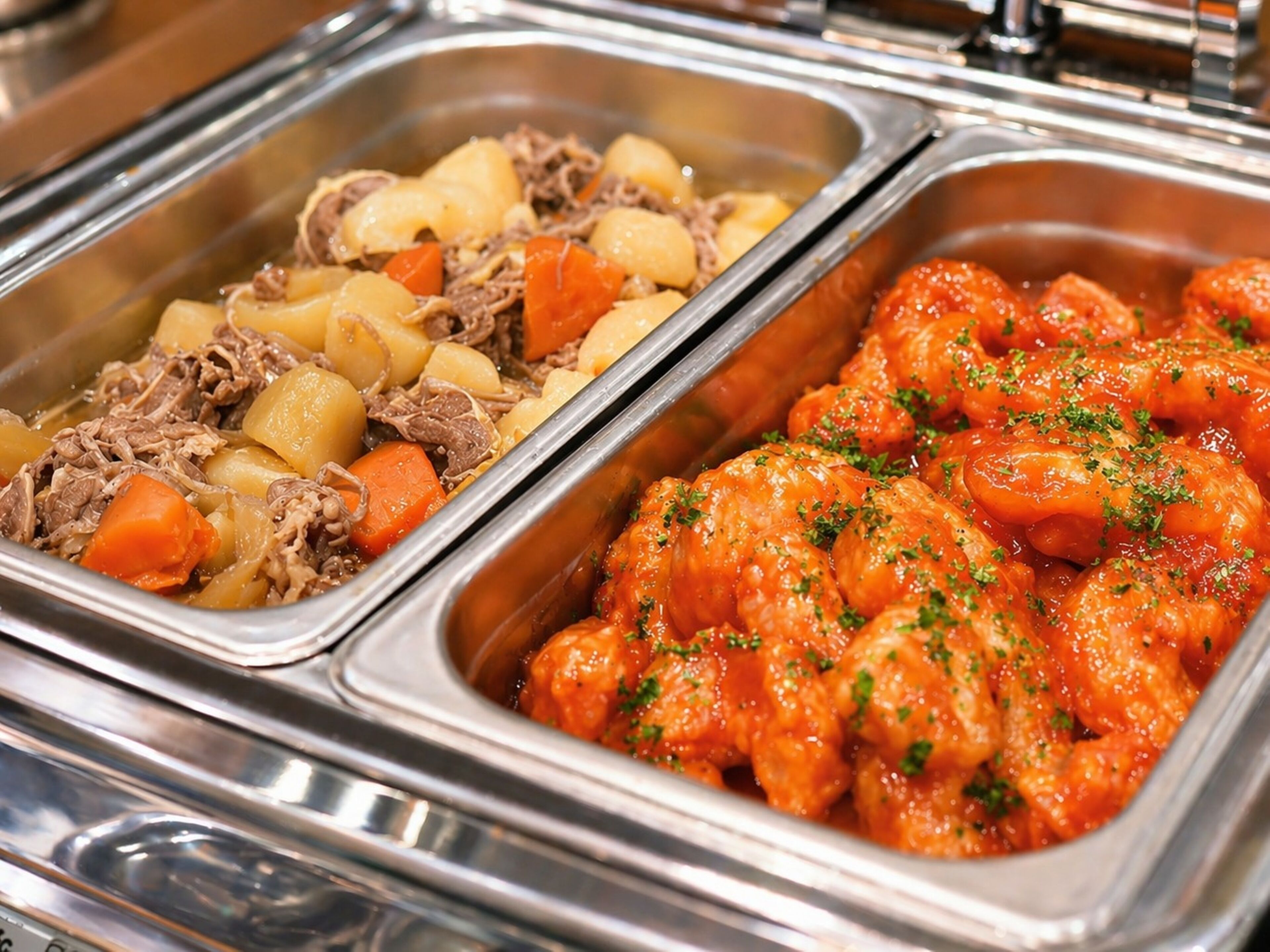 Tarjolla on buffet, jossa on kaksi metallista tarjoilualustaa. Toisella on lihapata, jossa on lihaa ja kasviksia, ja toisella on lasilla kuorrutettuja kanansiipiä, jotka on koristeltu yrteillä.