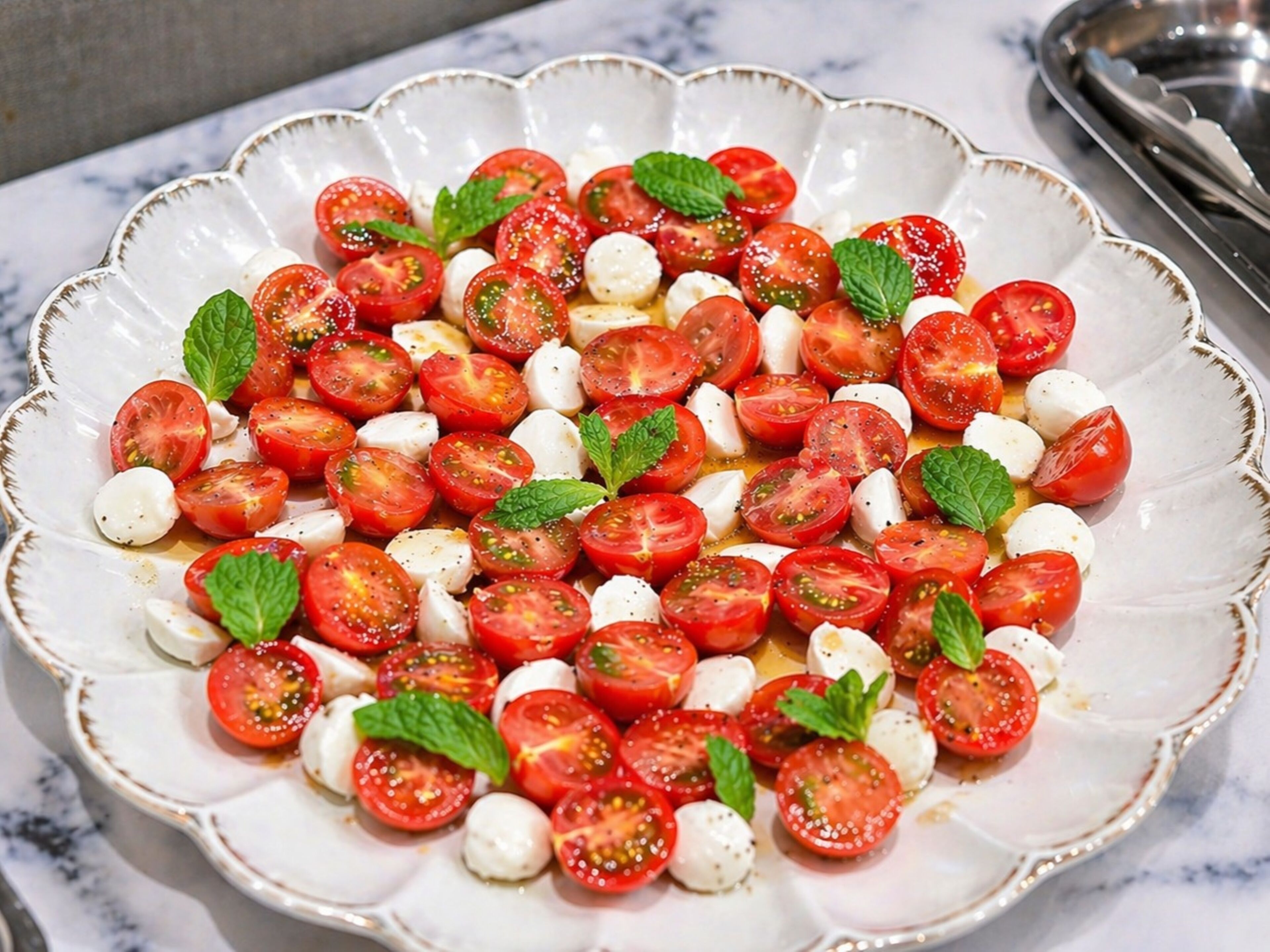 A plate of Caprese salad with tomatoes, mozzarella, and basil.