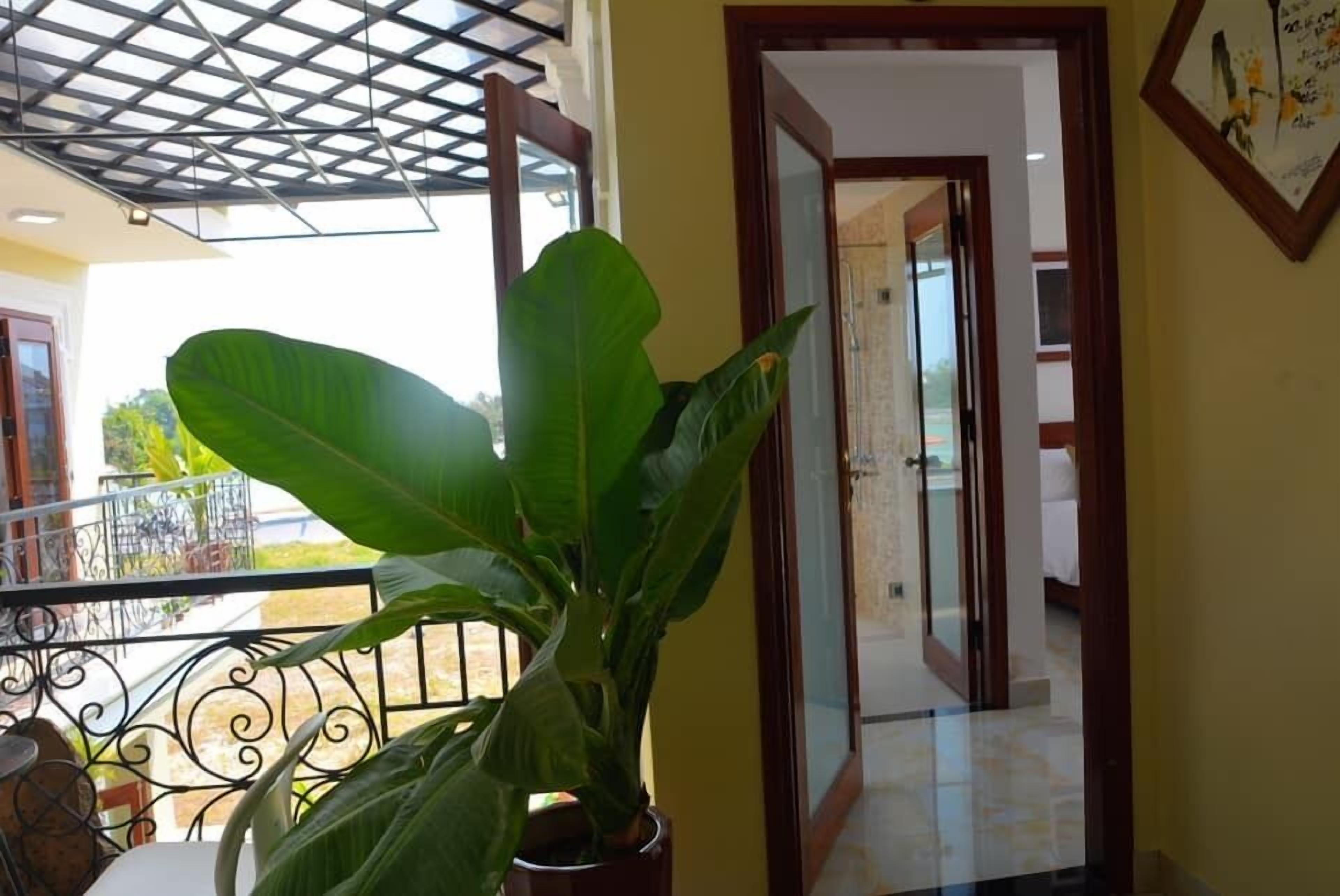 A potted plant on a balcony with a metal railing, a door leading to a room, and a framed picture on the wall.