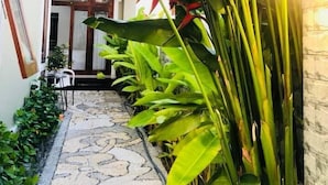 A narrow pathway leading to a building entrance, surrounded by lush green plants and a patterned stone floor. - Hoi An Lake Shore Homestay (Da Nang)