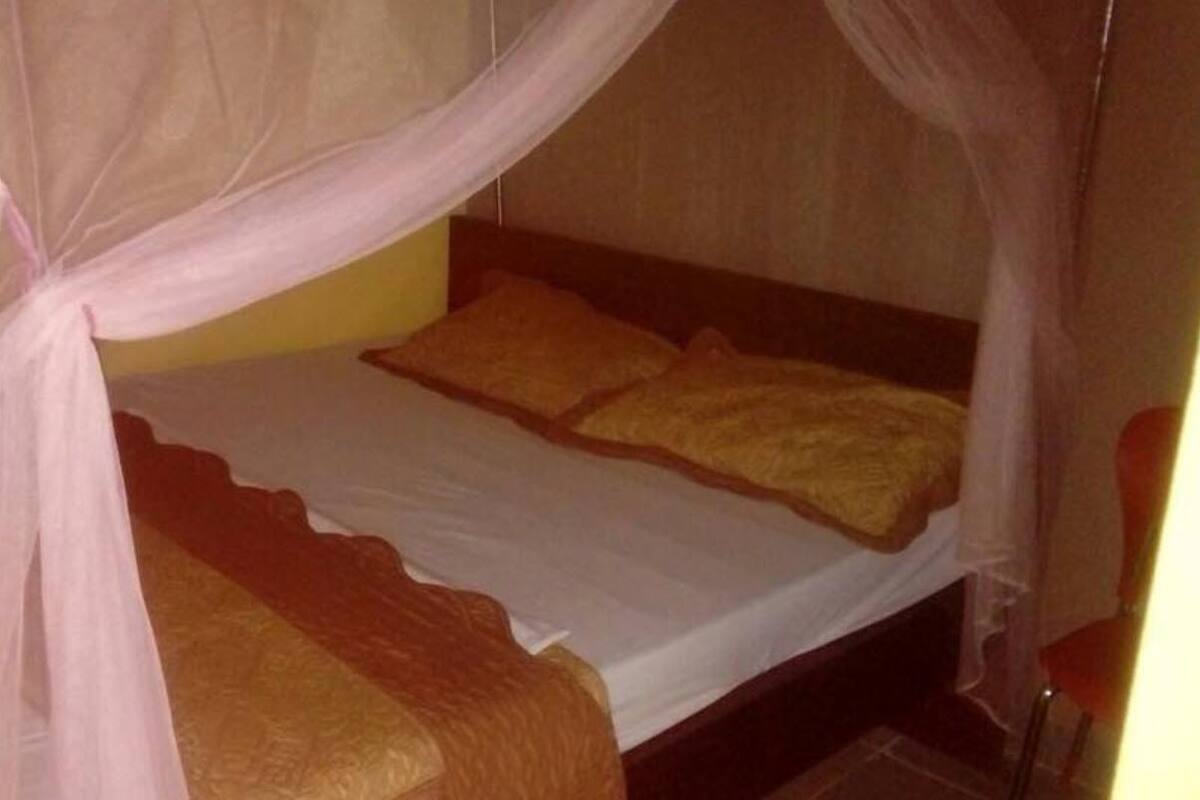 Una cama individual con sábana blanca, dos almohadas, cabecera de madera y mosquitero.