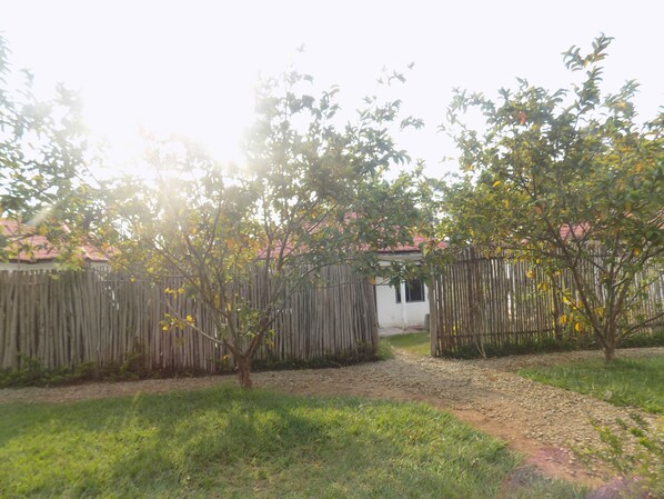 A fenced garden area with a pathway leading to a building with a red roof.