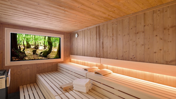 Una sauna de madera con bancos y una pantalla de televisión que muestra un paisaje forestal.