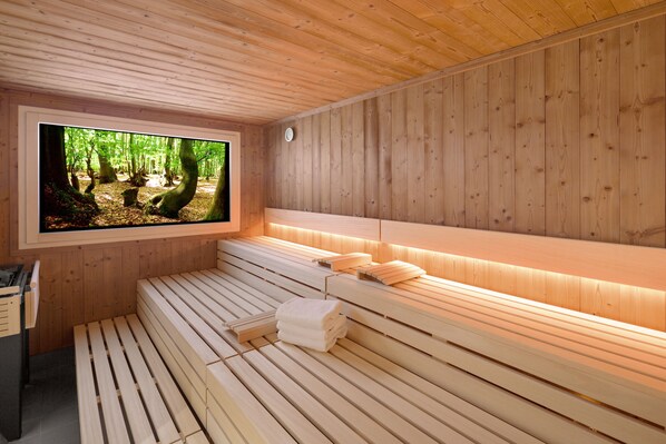 A wooden sauna with benches and a television screen displaying a forest scene.