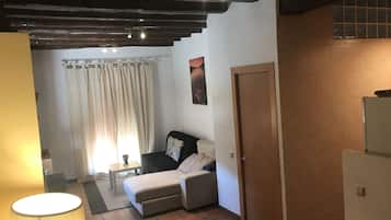 Televisio, takka, kirjoja, stereot