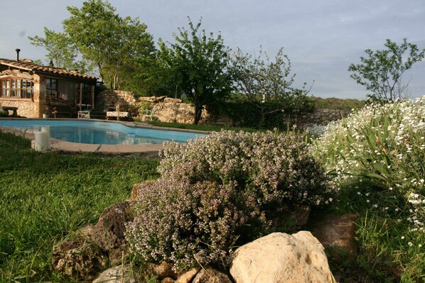 A stone house with a pool, surrounded by lush greenery and flowering plants. - Tiny house with jacuzzi - Rectoria de Dosquers (Maia De Montcal)