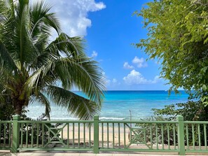 On the beach, sun-loungers