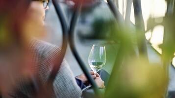 A person holding a wine glass inside a vehicle.