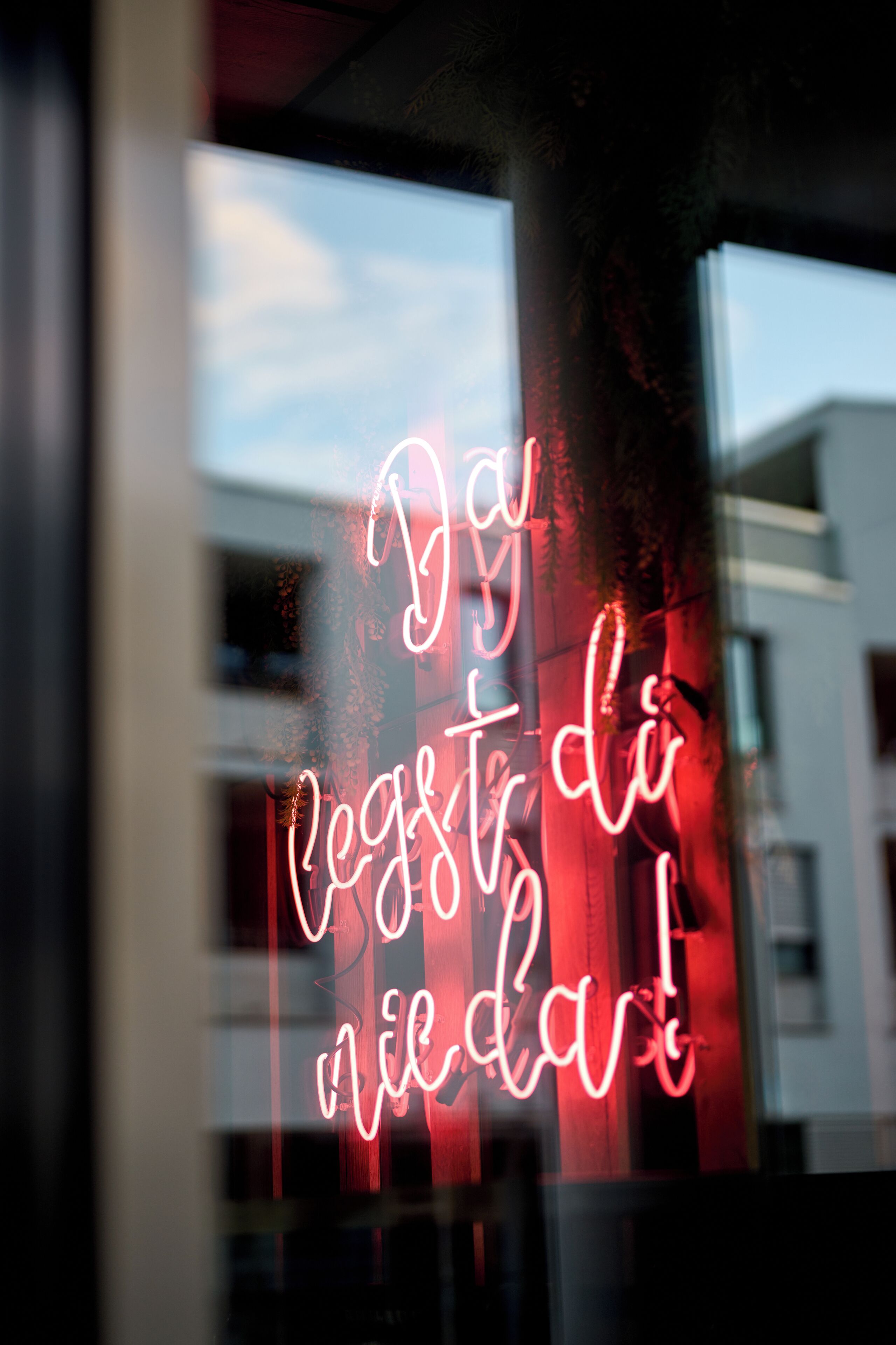 Un letrero de neón con el texto 'Da leggi de niente' en un escaparate.