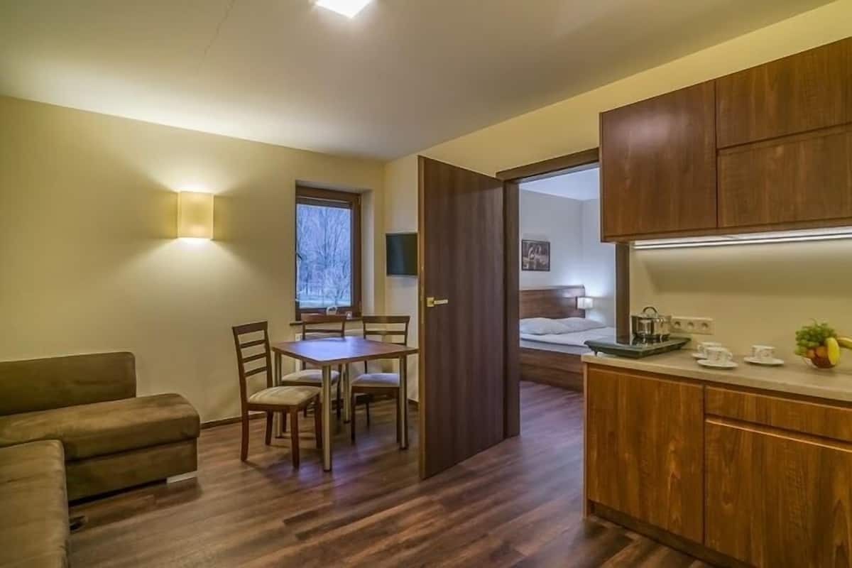 A compact living space with a dining area, kitchenette, and a sofa.