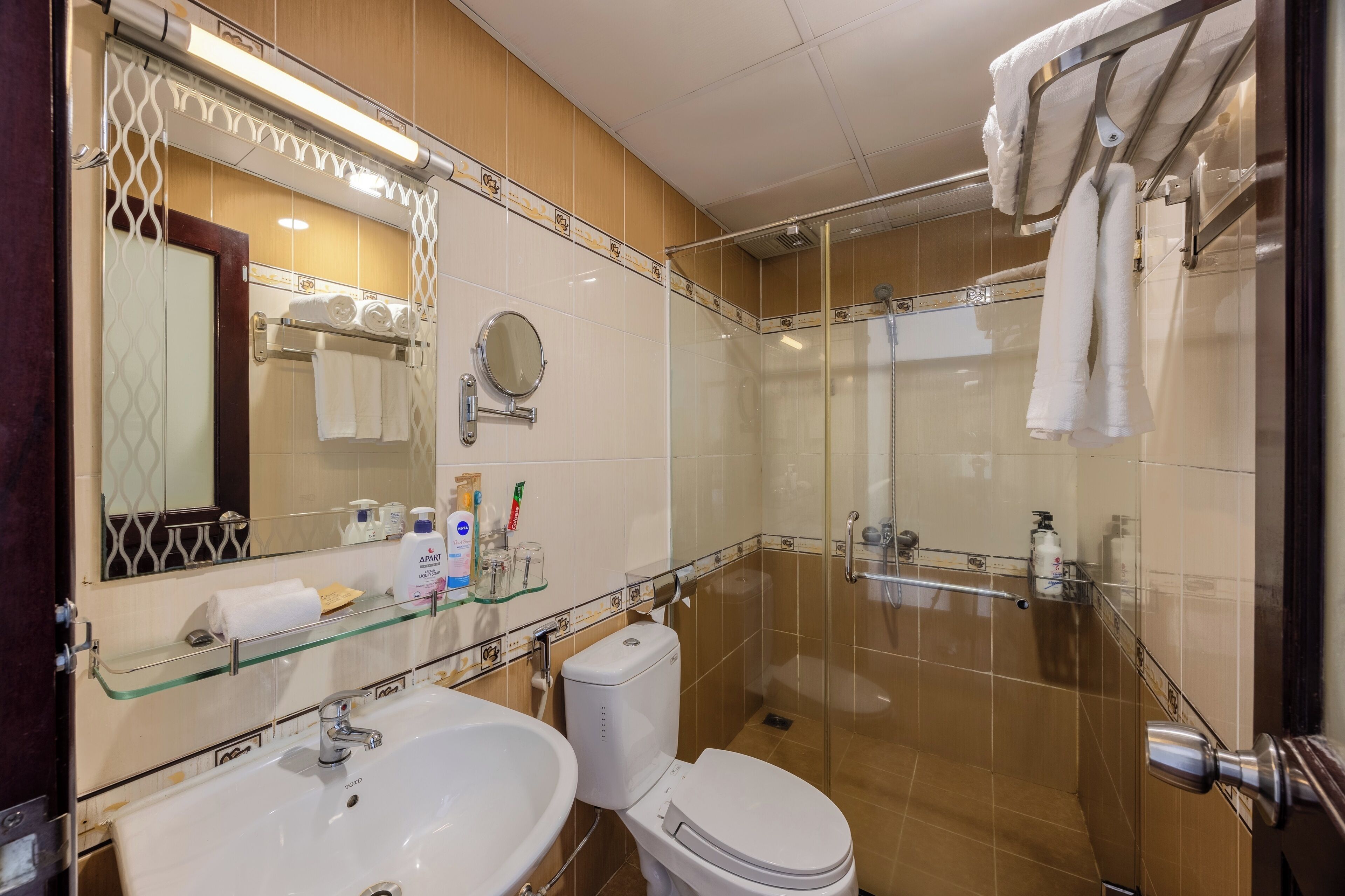 A modern bathroom with a glass shower enclosure, a white sink, and a toilet.