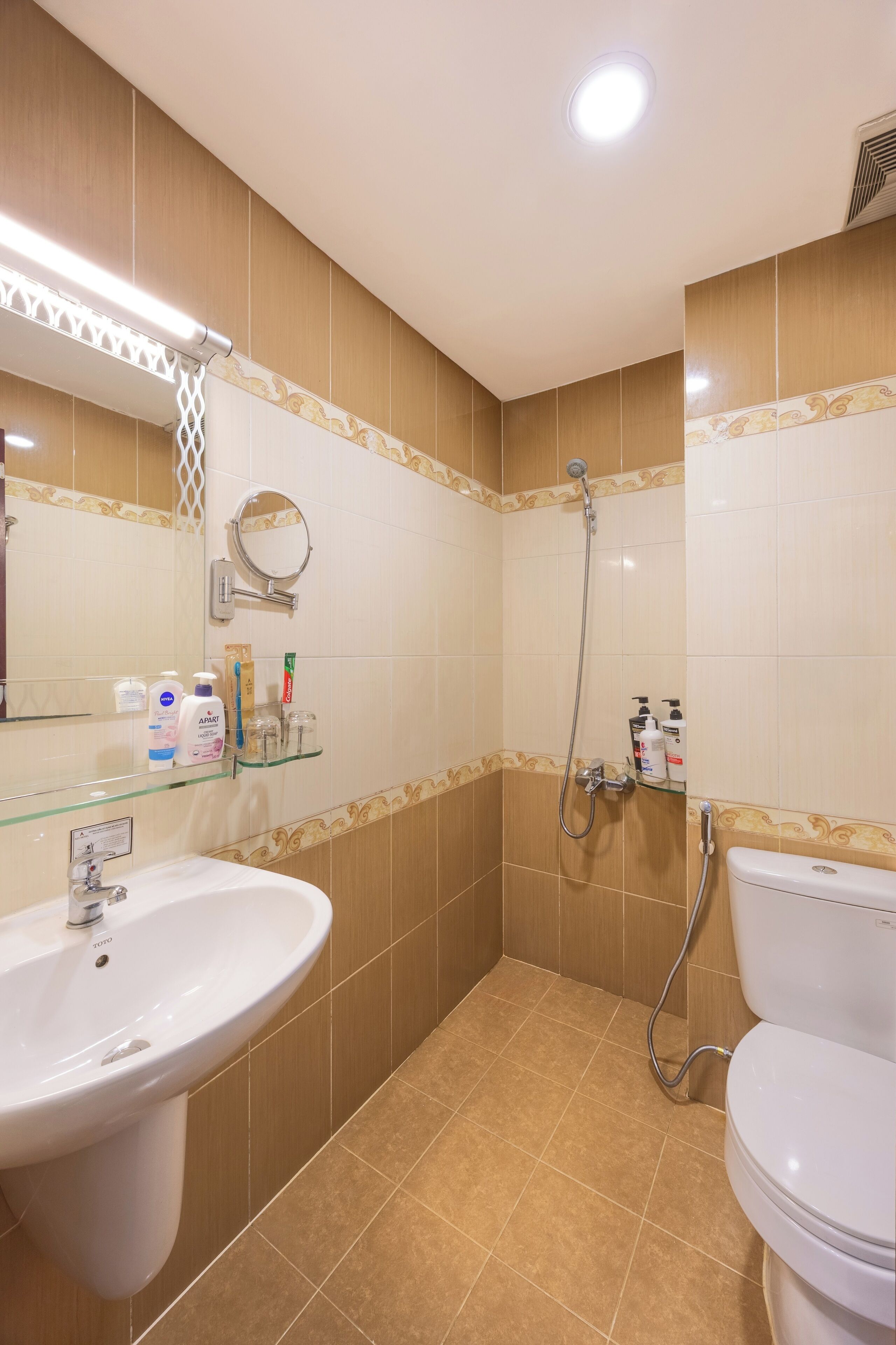 Ein Badezimmer mit Waschbecken, Toilette und Dusche. An der Wand befinden sich Pflegeprodukte und ein Ablagefach aus Glas.