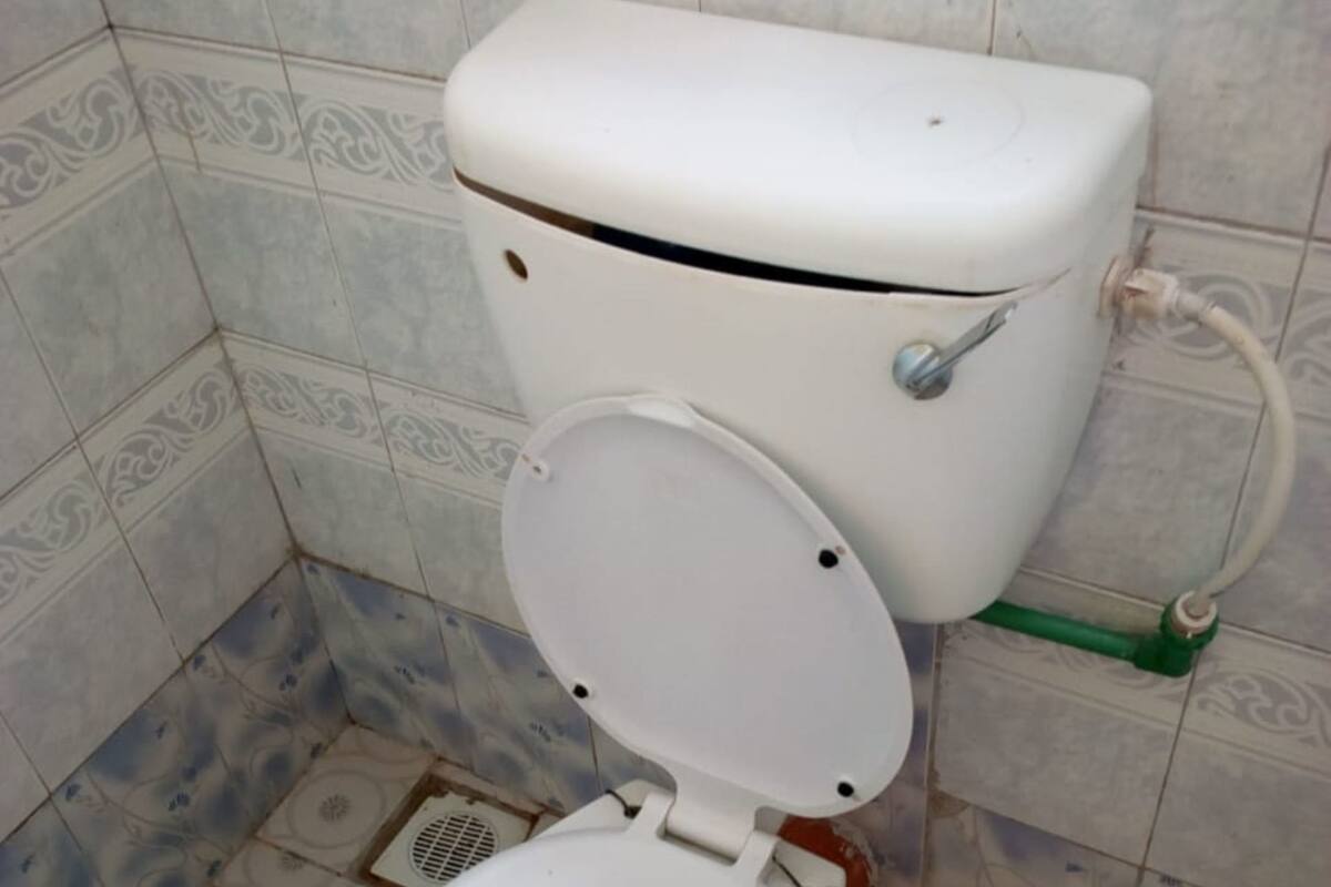A toilet with a white seat and tank, a green pipe, and patterned tiles on the floor and walls.