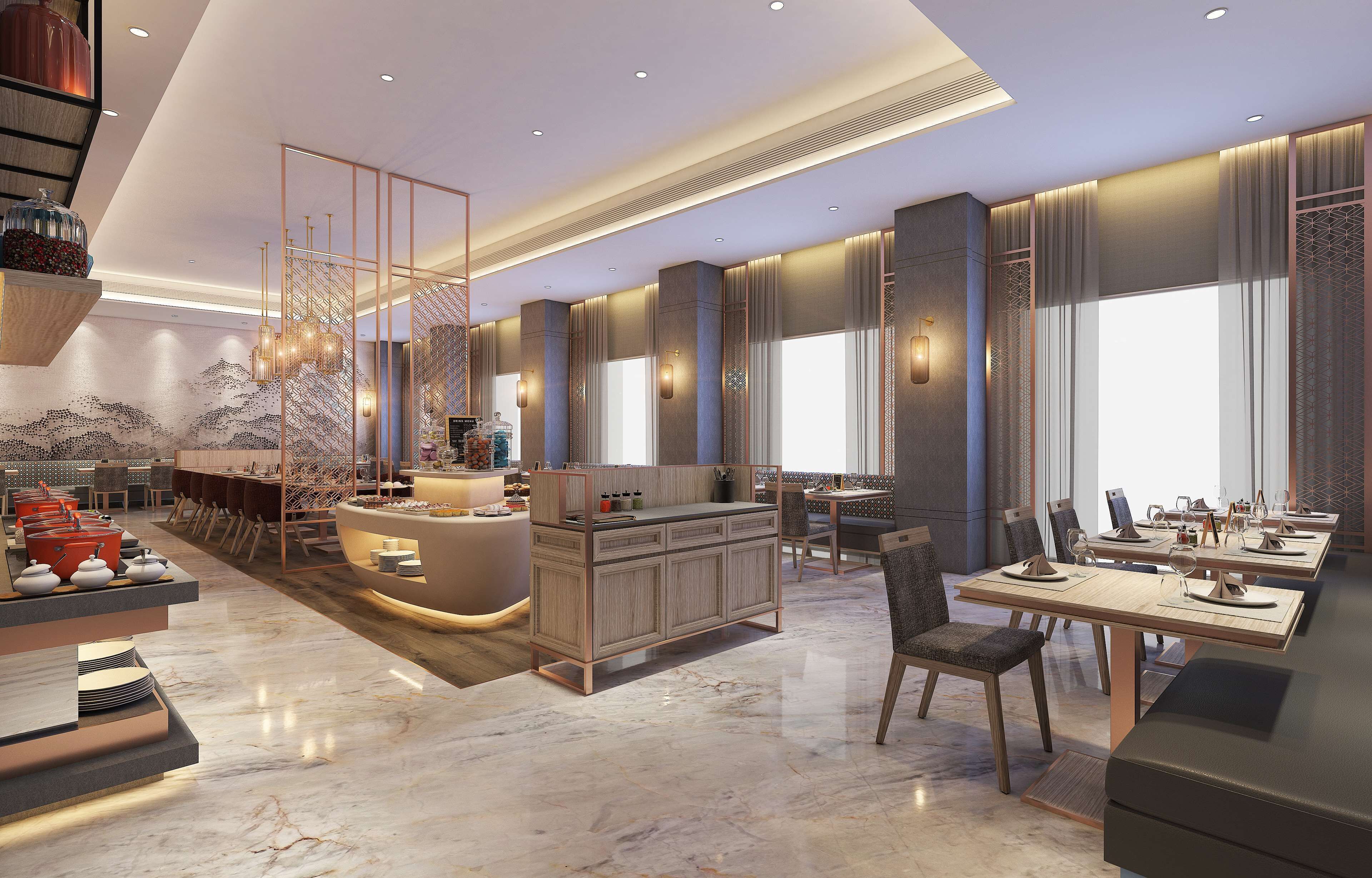 A modern hotel lobby with a central island, seating area, and large windows.