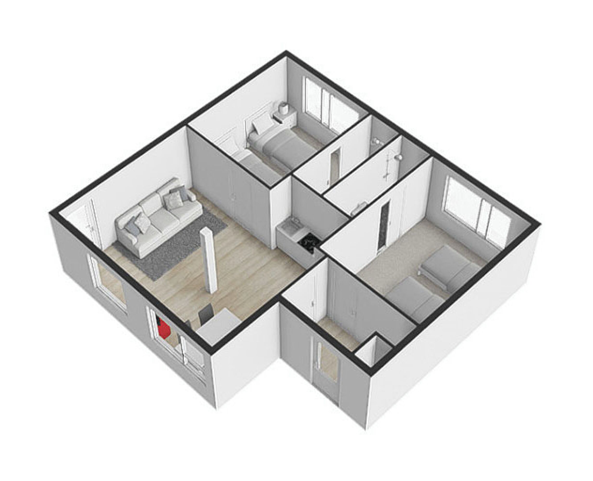 Ein 3D-Grundriss einer modernen Wohnung mit Wohnzimmer, Küche, zwei Schlafzimmern und einem Badezimmer.
