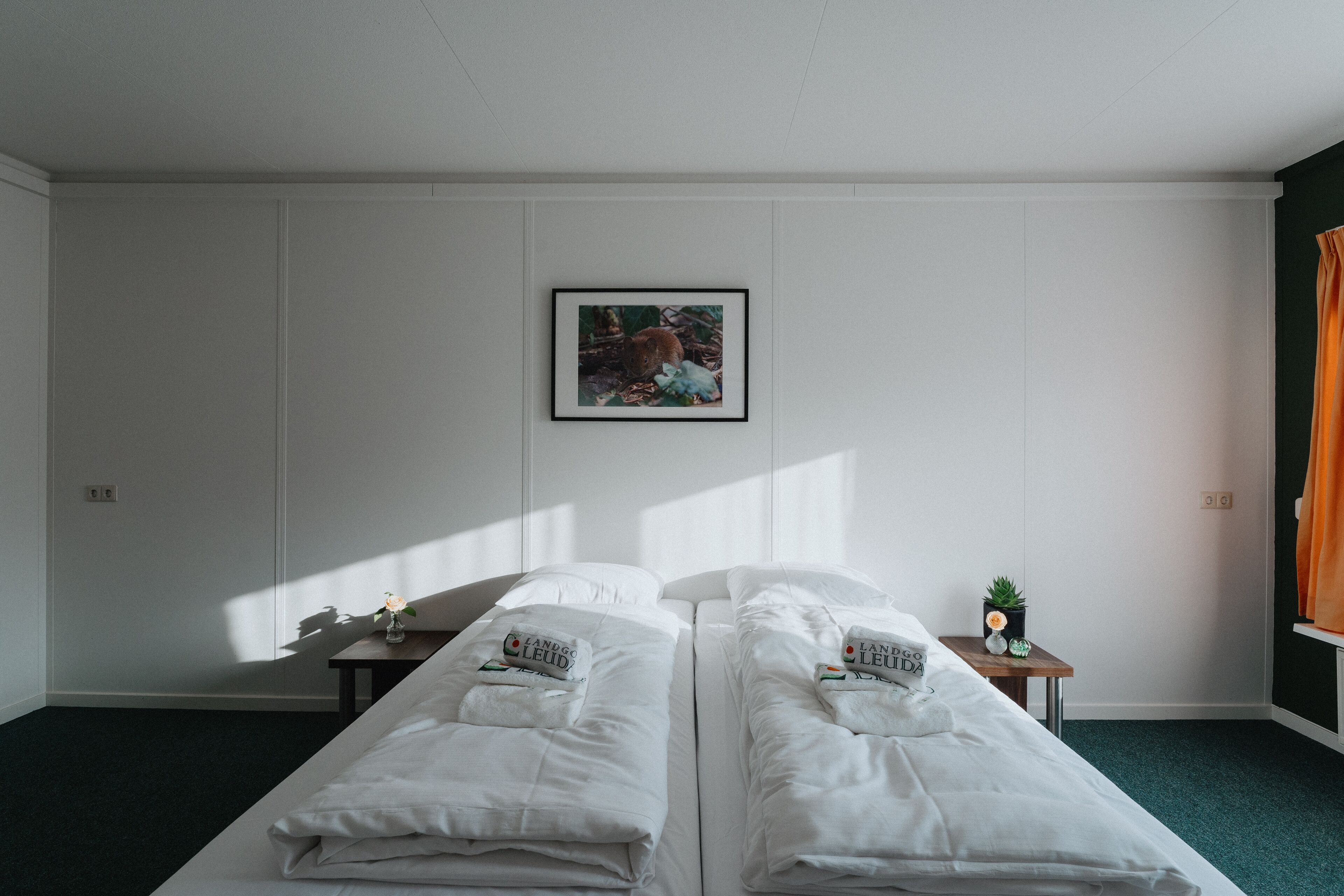 Een hotelkamer met twee eenpersoonsbedden, een klein tafeltje met een plant, een ingelijst beeld aan de muur, en een raam met gordijnen.