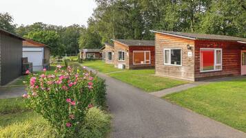 Een rij houten vakantiehuisjes met aanhangende garages, een verhard pad en een tuin met roze bloemen.