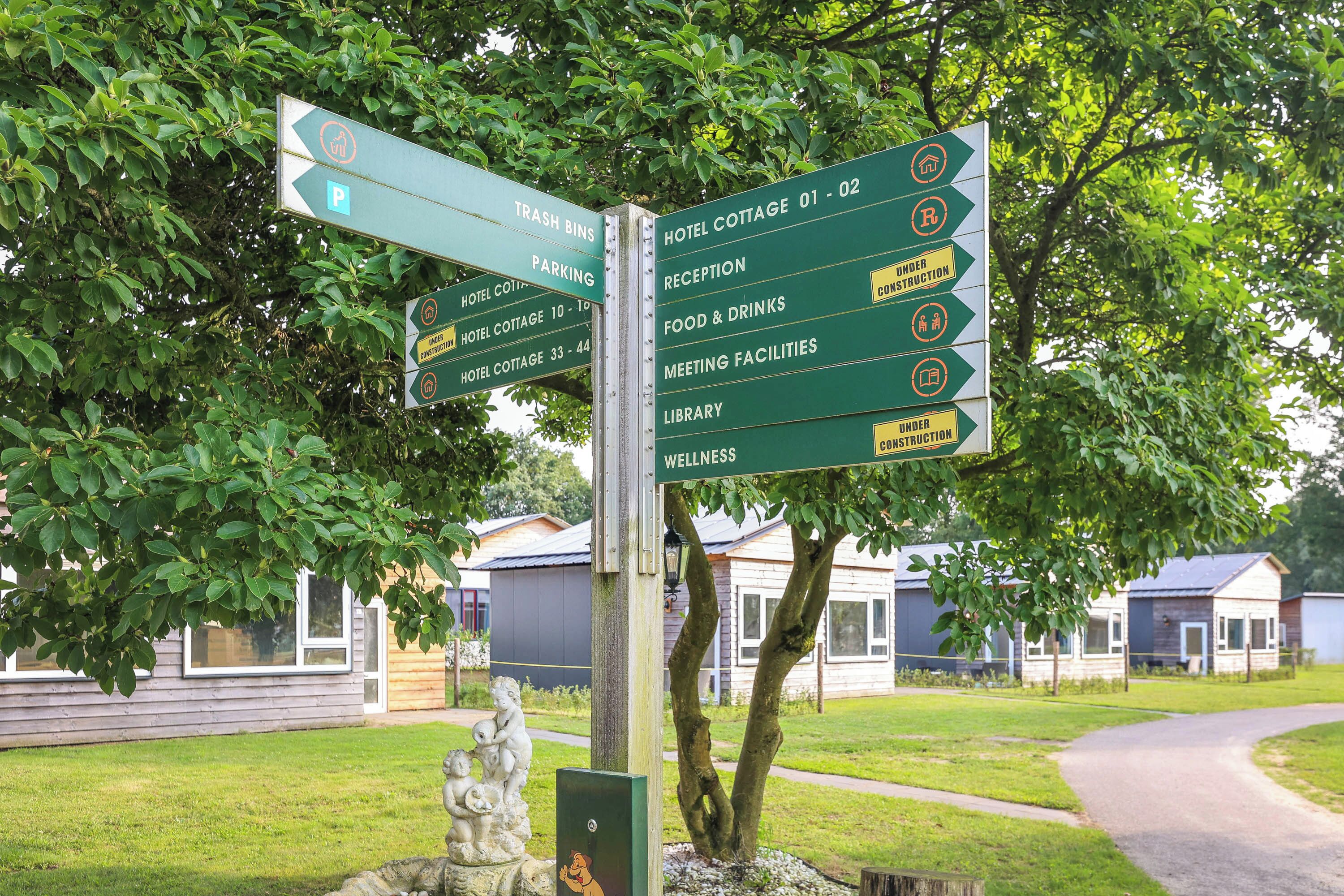 Placa de direção com várias setas indicando diversas cabanas, estacionamento, receção, restauração, salas de reunião, biblioteca e área de bem-estar.
