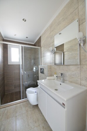 Shower, hair dryer, towels