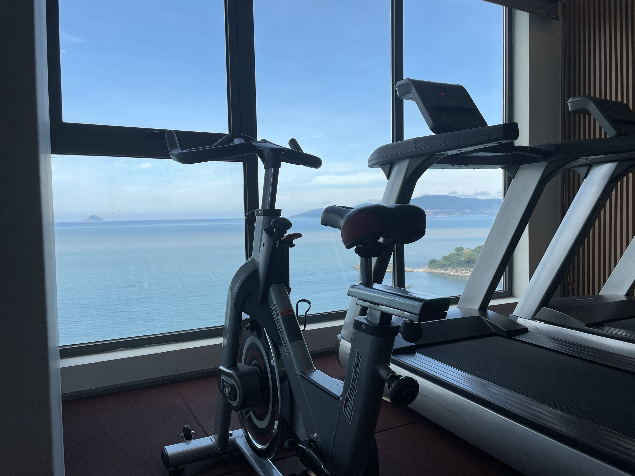 A gym with exercise equipment and a view of the sea through large windows.