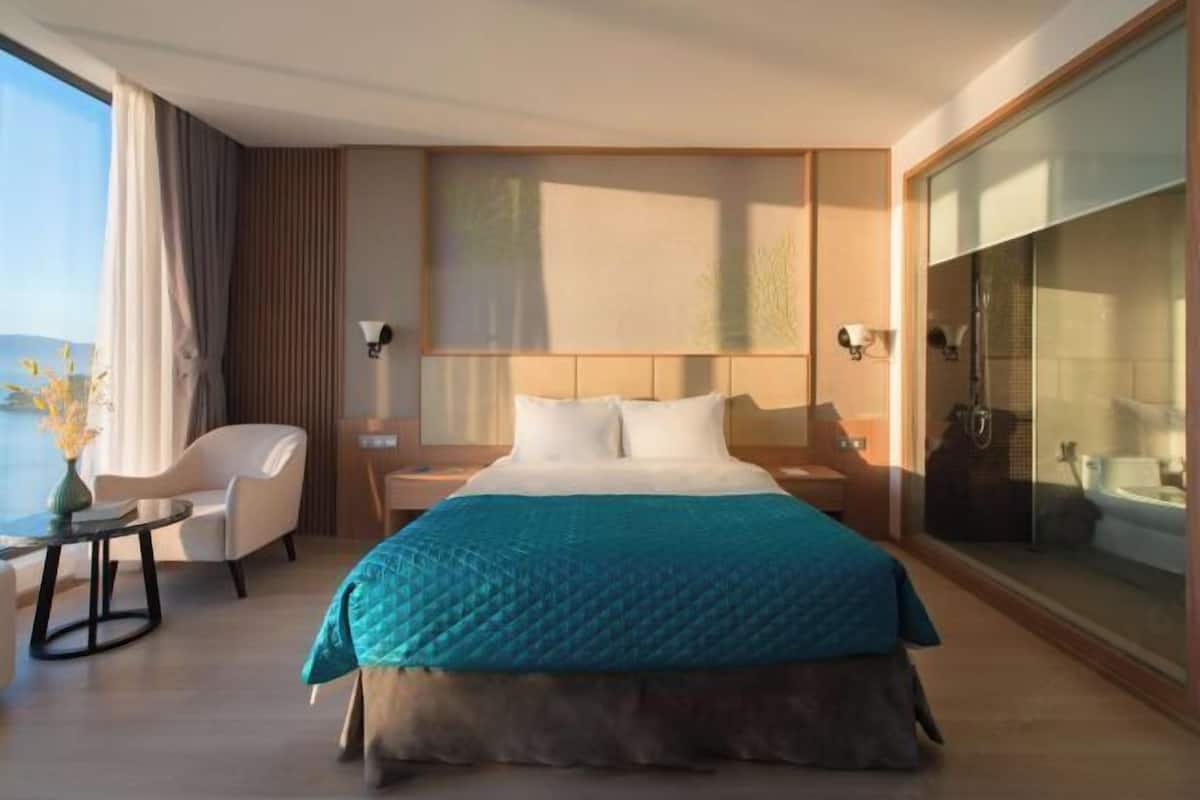 A hotel room with a large bed, a sitting area with a chair and table, a glass shower enclosure, and a view of the outdoors.