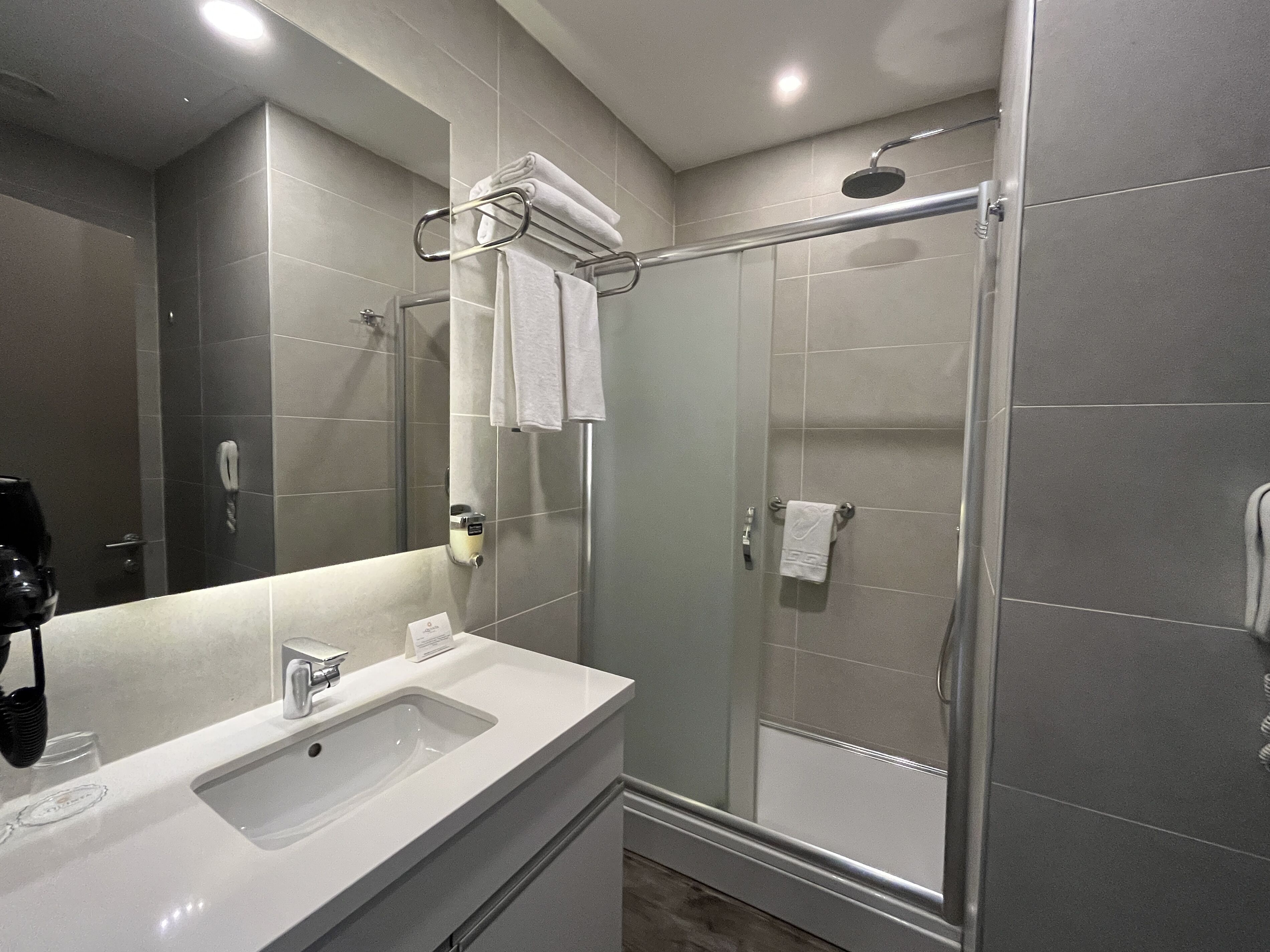 A modern bathroom with a glass-enclosed shower, a white sink, and a large mirror.