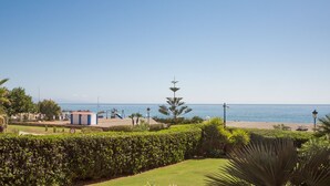 Une vue sur la côte, avec une plage, un ciel dégagé et un jardin bien entretenu, agrémenté de haies et de palmiers.