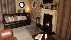 A living room with a fireplace, a sofa, a television, and a mirror. - Jim McGee's (Wexford)