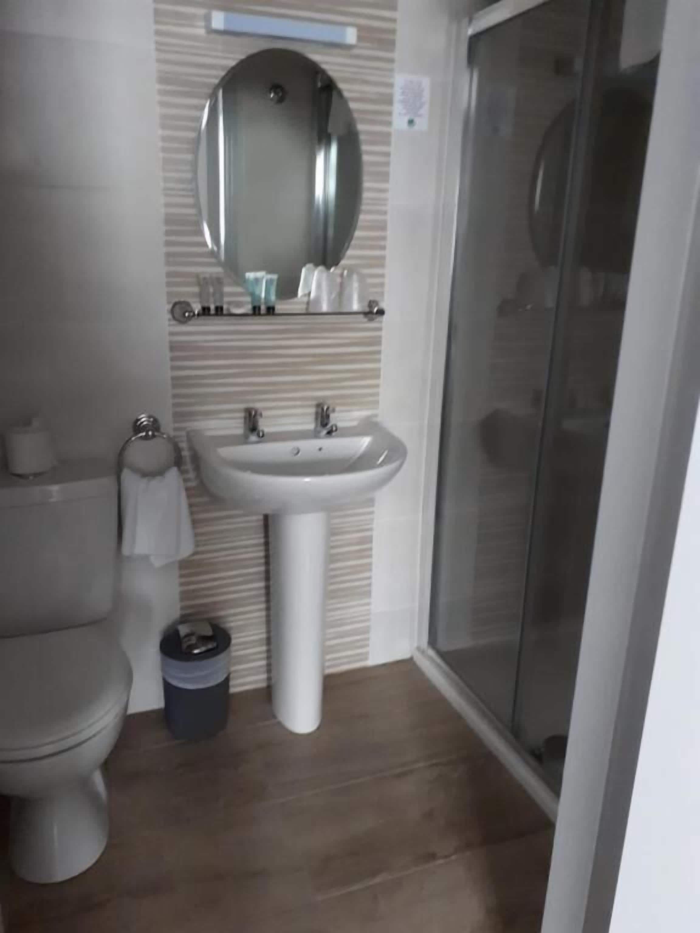 Une salle de bain avec des toilettes, un lavabo et une douche.