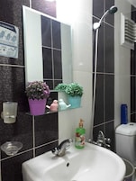 Un baño con un lavamanos blanco, un espejo, una ducha y dos plantas en macetas sobre una estantería.