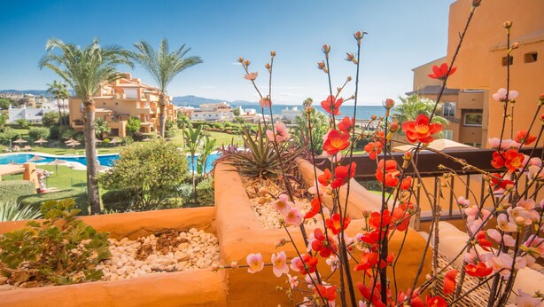 A balcony with a view of a pool, palm trees, and a building with a red flower on the facade. - Los Granados de la Duquesa 1711 (Manilva)