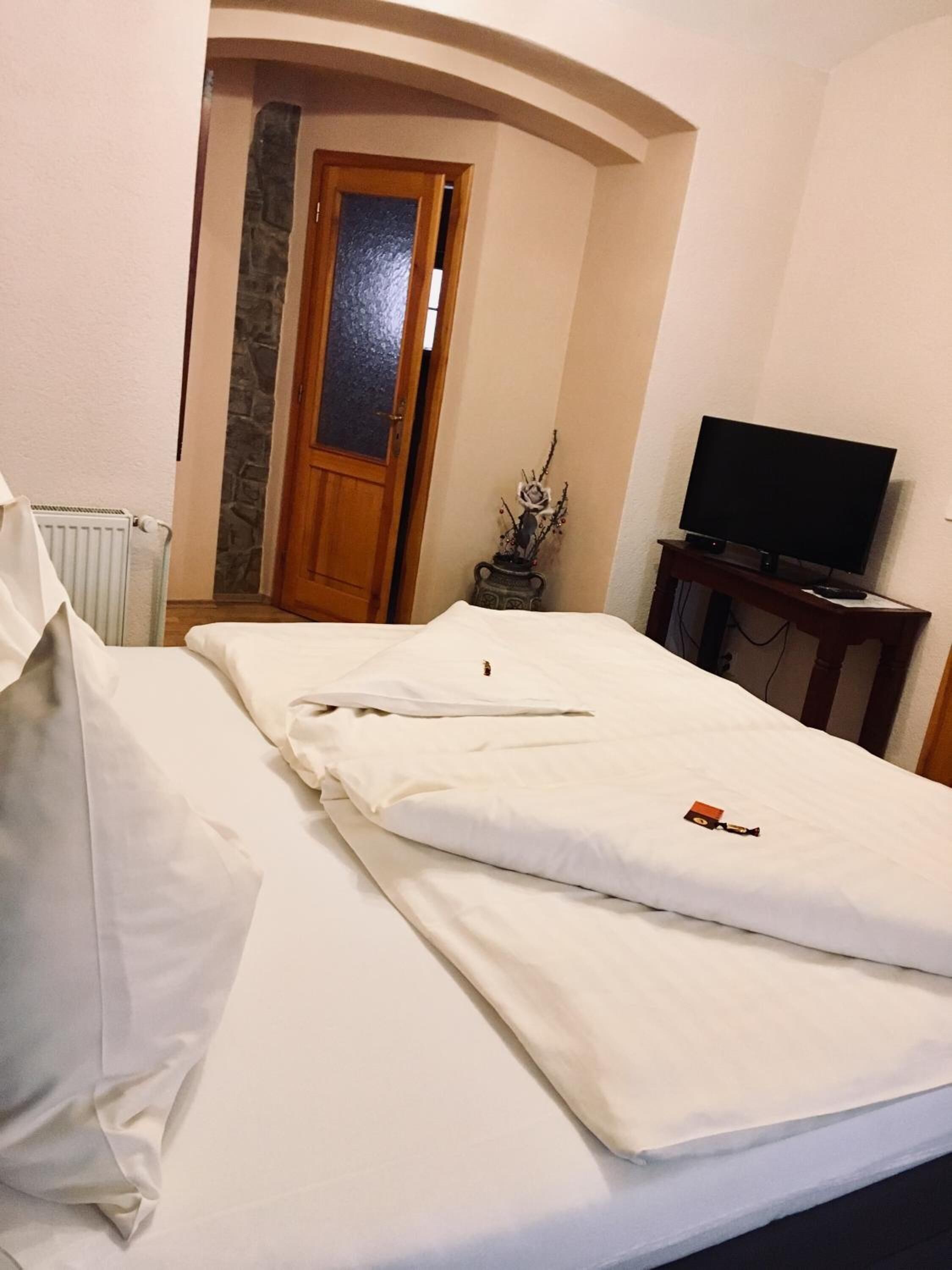 A hotel room with a bed, a television on a stand, a stone wall, and a wooden door.