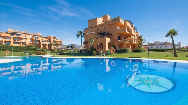 A swimming pool with a clear blue water surface, surrounded by a well-maintained lawn and palm trees.