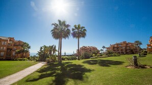 A sunny day at a resort with palm trees, a pathway, and buildings with balconies.