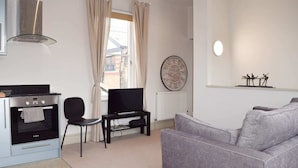 Un salon moderne avec un canapé gris, un fauteuil noir, un téléviseur posé sur un meuble, un coin cuisine avec un four et une fenêtre avec des rideaux.