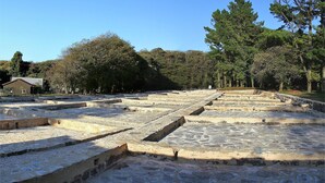 An archaeological site with stone structures and steps.