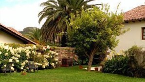 Un césped bien cuidado con un muro de piedra y una variedad de plantas, incluyendo un árbol grande y flores blancas.