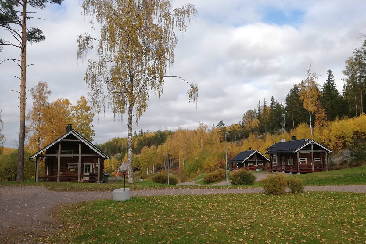 A cabin-style building with a sloped roof and a chimney, surrounded by a grassy area with scattered fallen leaves.