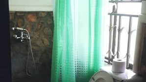 A bathroom with a toilet, a shower, and a blue basin. - Palace Motel (Fort Portal)