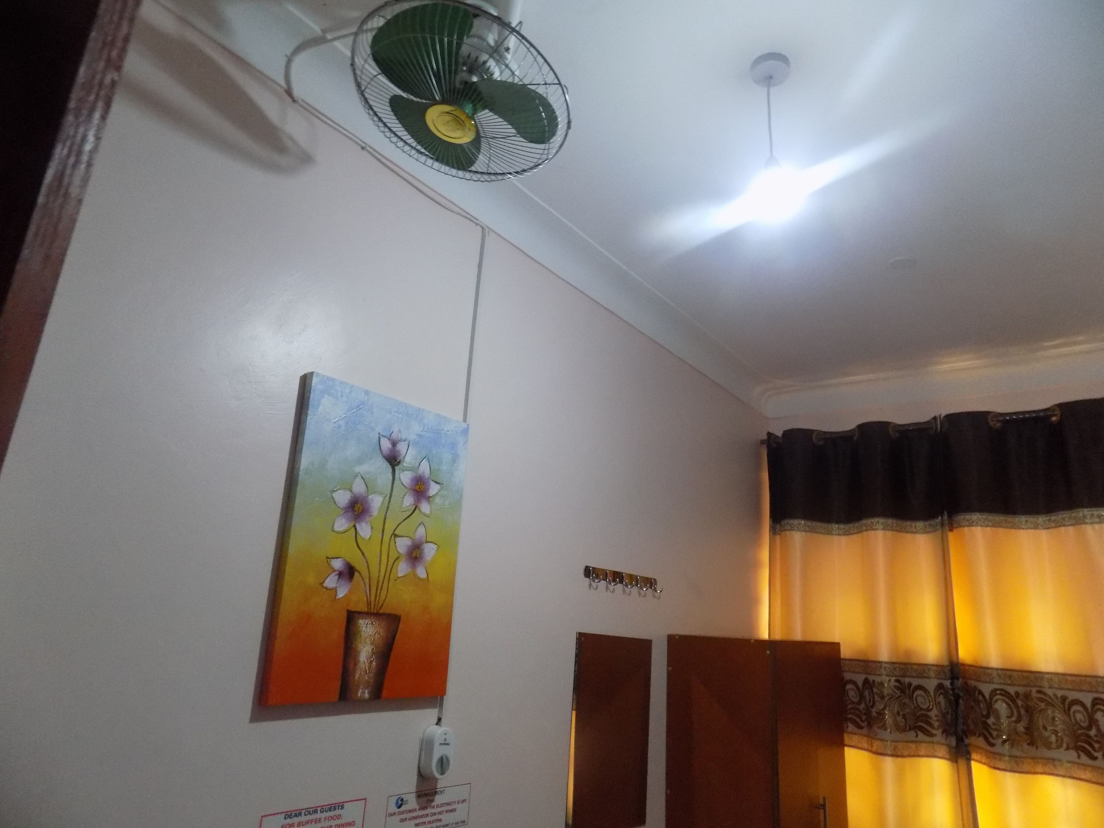Habitación de hotel con ventilador de techo, un cuadro de flores, un cartel anunciando comida tipo bufé y una cortina de ducha.