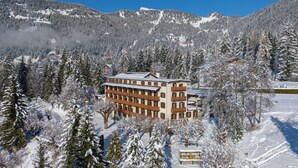 Un hôtel à plusieurs étages, de style architectural traditionnel, entouré d’arbres et de montagnes couverts de neige.