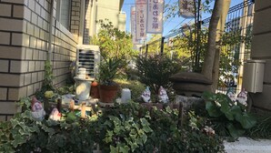 Une ruelle étroite en milieu urbain, avec des murs en briques, des plantes en pot et des statues de gnomes décoratives.