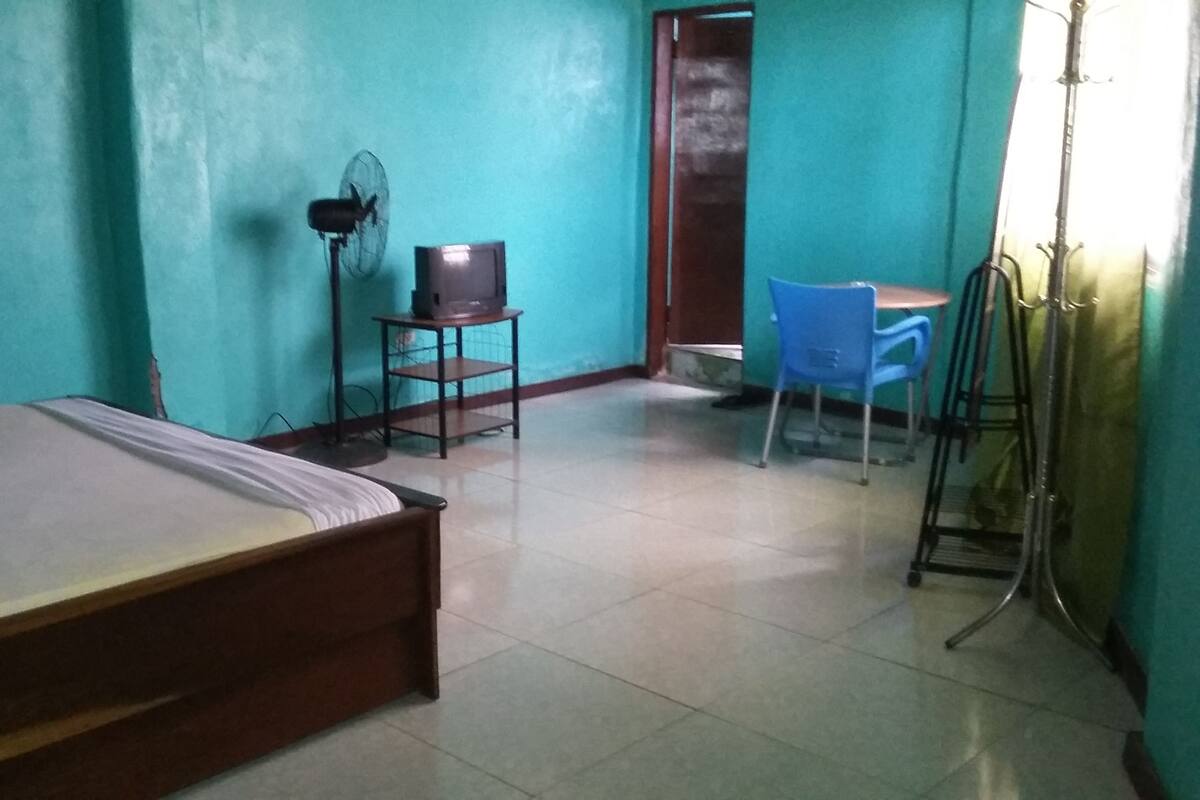 A room with a bed, a desk, a chair, a fan, and a door.
