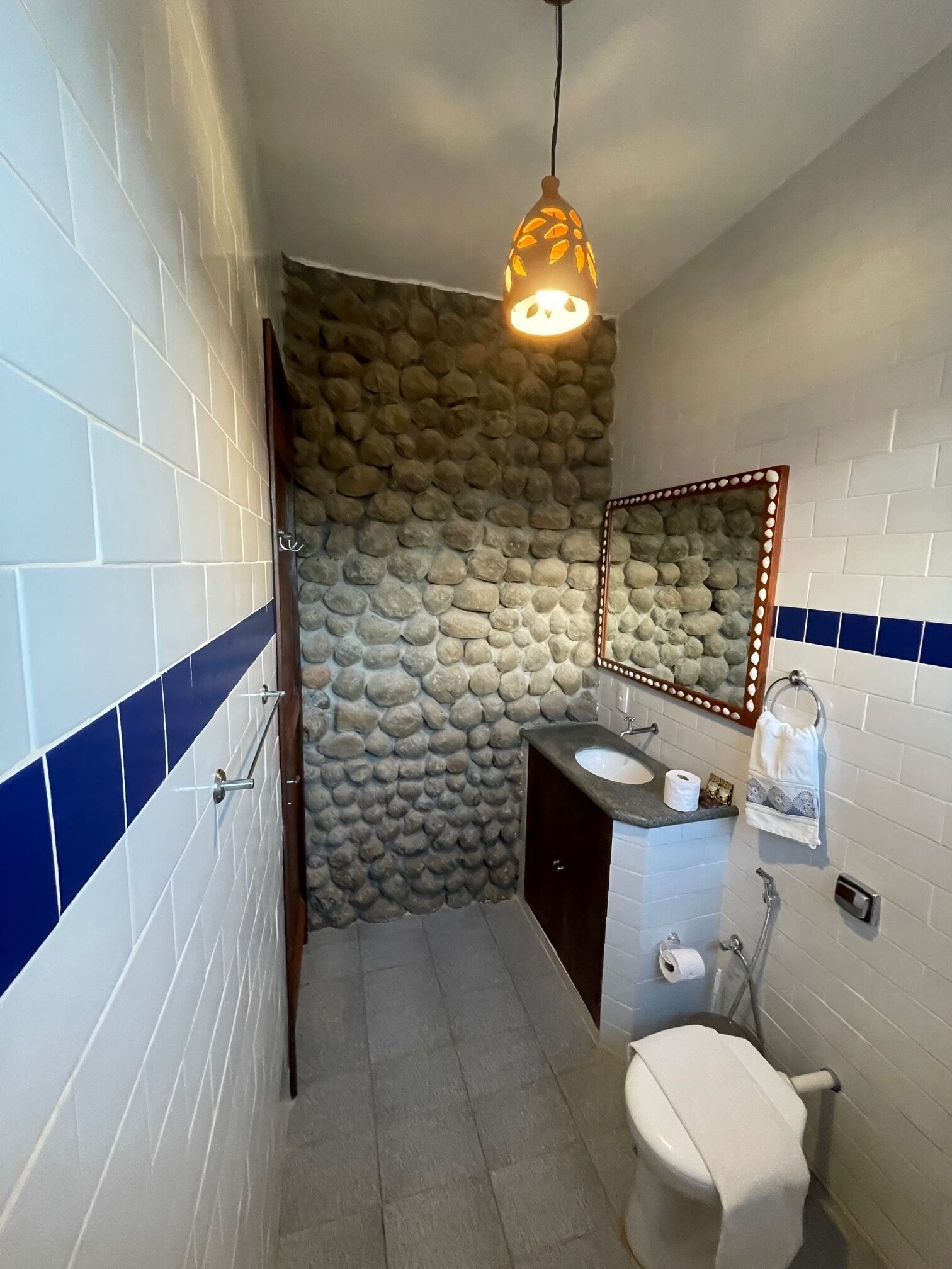 Ein Badezimmer mit Steinwand, Waschbecken, Toilette und einer Pendelleuchte.