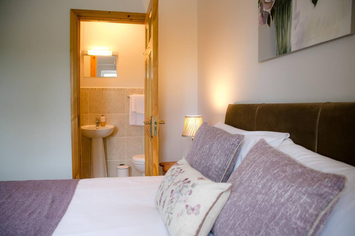 Een slaapkamer met een bed, kussens, een nachtkastje, een lamp en een zichtbare badkamer door een open deur.