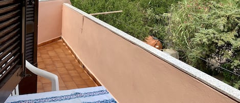 A balcony with a view of a hillside village, a tiled floor, and a patterned rug.