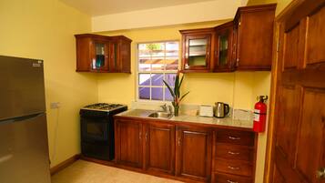 Una cocina con armarios de madera, un refrigerador de acero inoxidable, una estufa a gas y una ventana con vista a la calle.