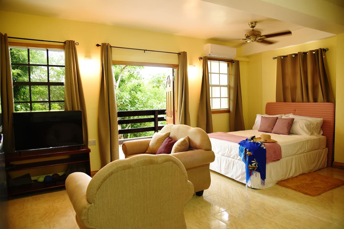 Un dormitorio con cama, televisión, sofá y balcón con cortinas.
