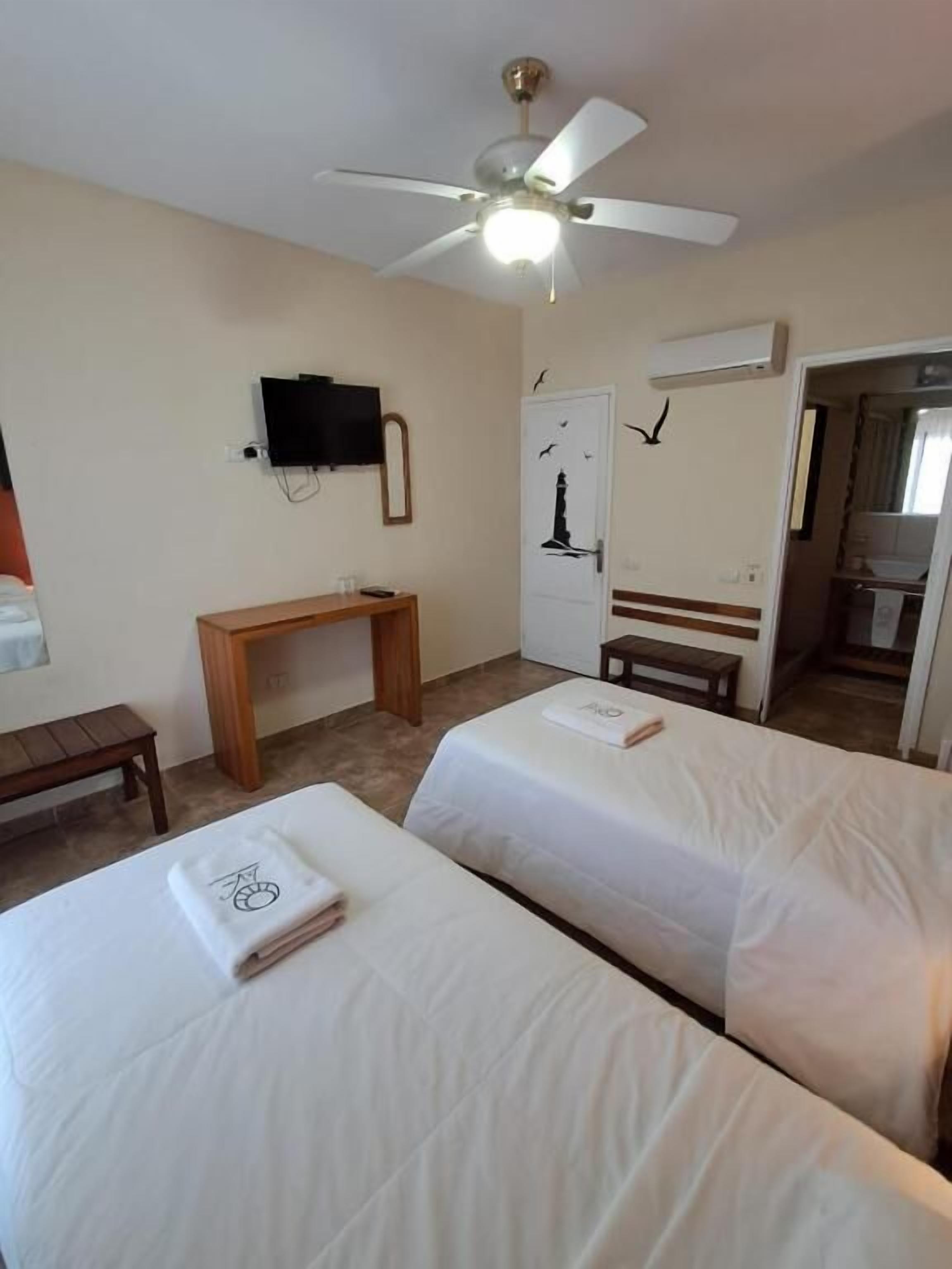 Habitación de hotel con dos camas, ventilador de techo, televisor, escritorio y puerta con un mural de aves.