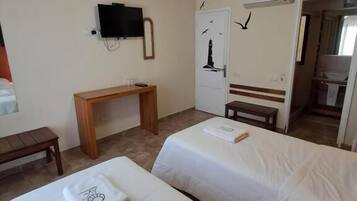 Habitación de hotel con dos camas, ventilador de techo, televisor, escritorio y puerta con un mural de aves.